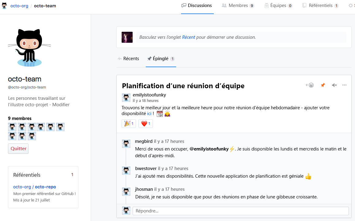 Capture d’écran de la fonctionnalité de discussion de l’équipe GitHub.