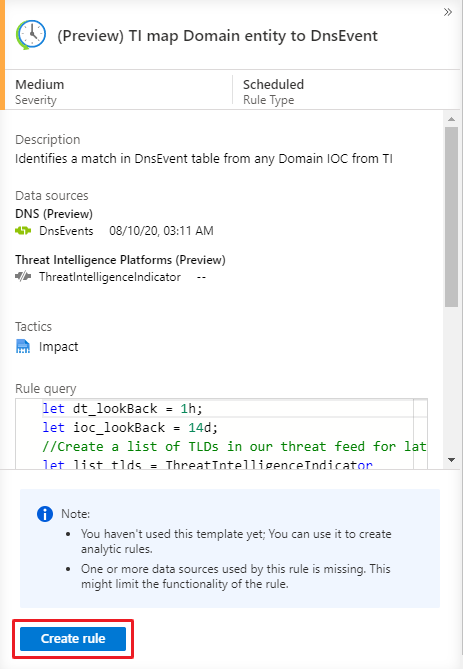 Capture d’écran montrant un exemple de modèle de règle d’analyse dans Microsoft Sentinel.