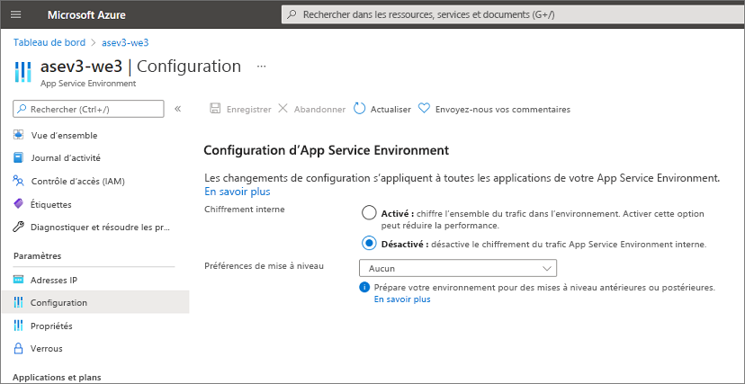 Capture d’écran présentant la page de configuration d’un environnement de service d’application.