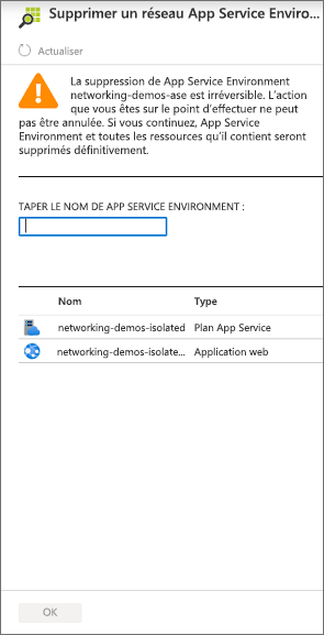 Capture d’écran présentant la suppression d’un environnement de service d’application.