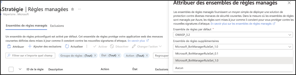 Capture d’écran présentant un exemple d’attribution d’ensembles de règles managées.