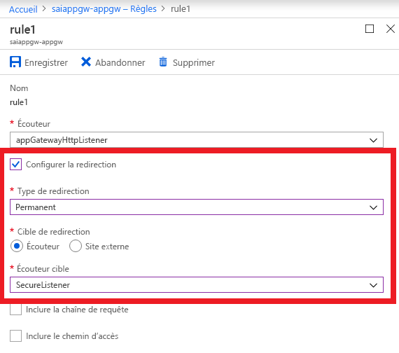 Capture d’écran montrant un exemple de page des paramètres de configuration de redirection.