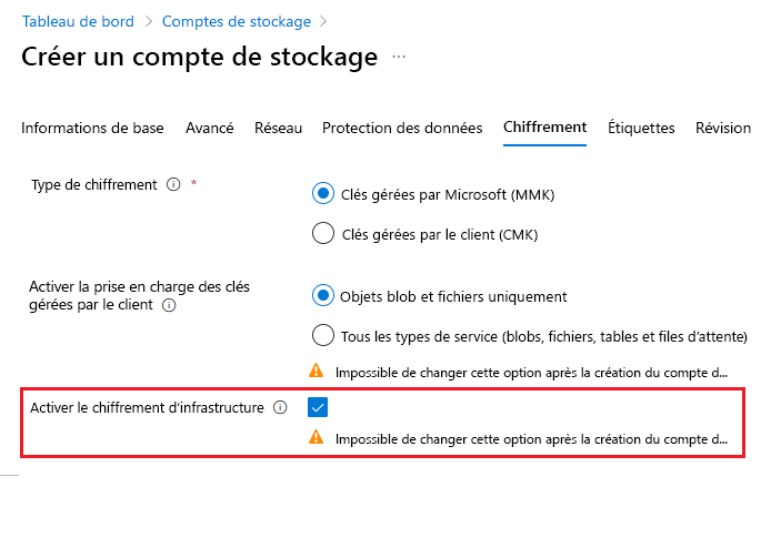 Capture d’écran illustrant comment créer un compte avec le chiffrement d’infrastructure activé.