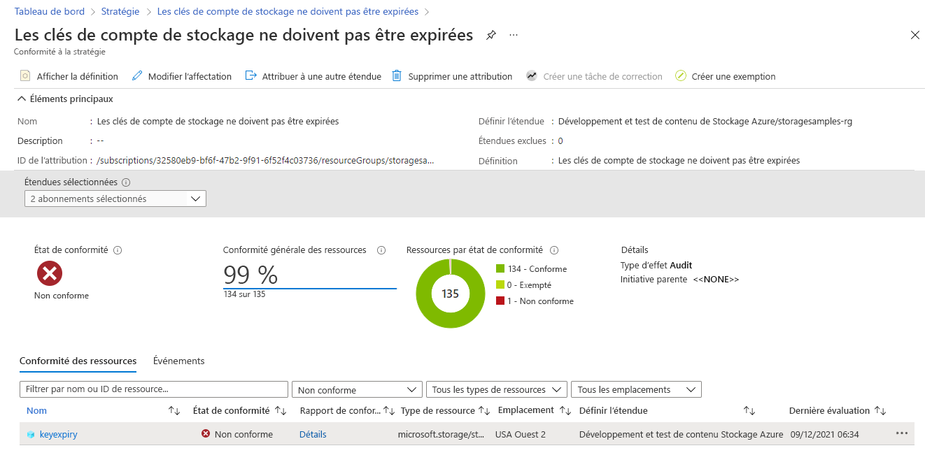 Capture d’écran montrant le portail du rapport de conformité des stratégies.