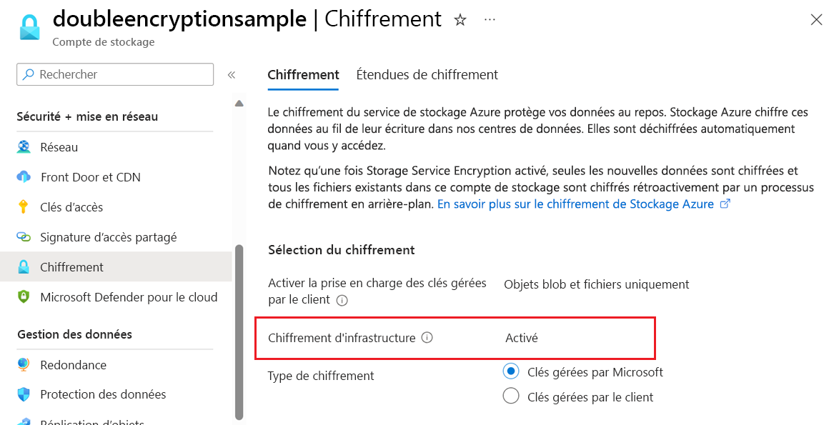 Capture d’écran illustrant comment vérifier que le chiffrement d’infrastructure est activé pour un compte.