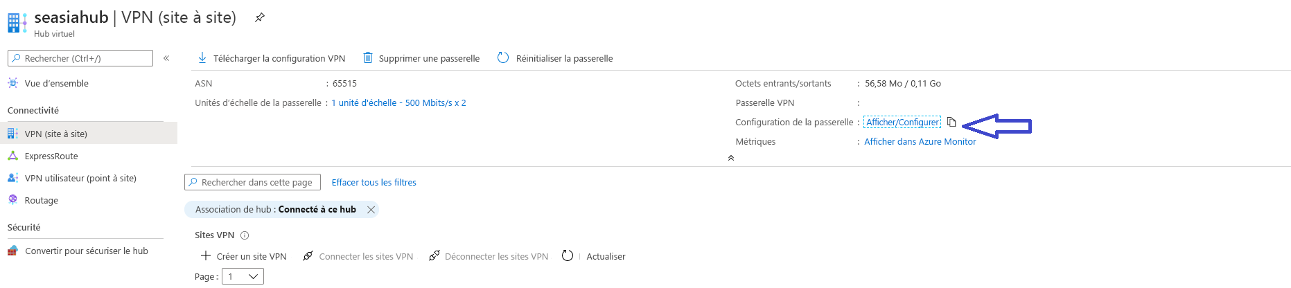 Capture d’écran illustrant la façon d’afficher et de modifier les paramètres de passerelle de votre réseau privé virtuel dans la page Configuration de réseau virtuel.