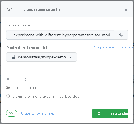 Capture d’écran de la branche de référentiel GitHub créée à partir du problème.