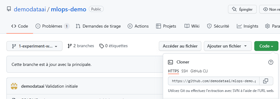 Capture d’écran du dépôt Git avec le bouton Cloner le code.