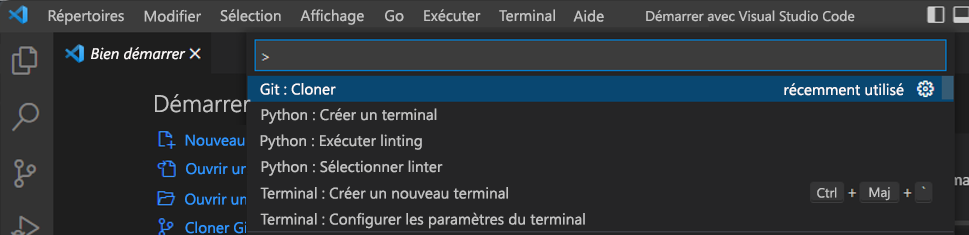 Capture d’écran du clone Git dans la palette de commandes de Visual Studio Code.