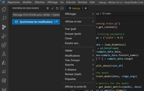 Capture d’écran de push dans le volet Contrôle de code source dans Visual Studio Code.