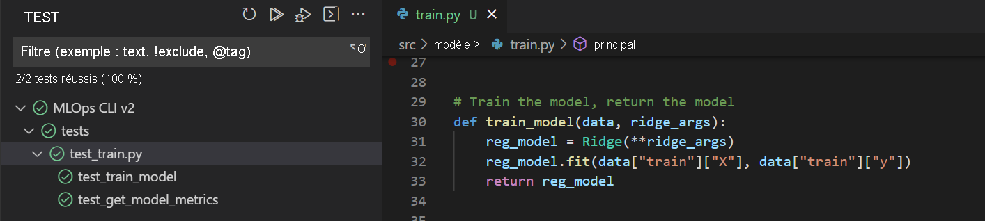 Capture d’écran des résultats de test d’unité réussis dans Visual Studio Code.