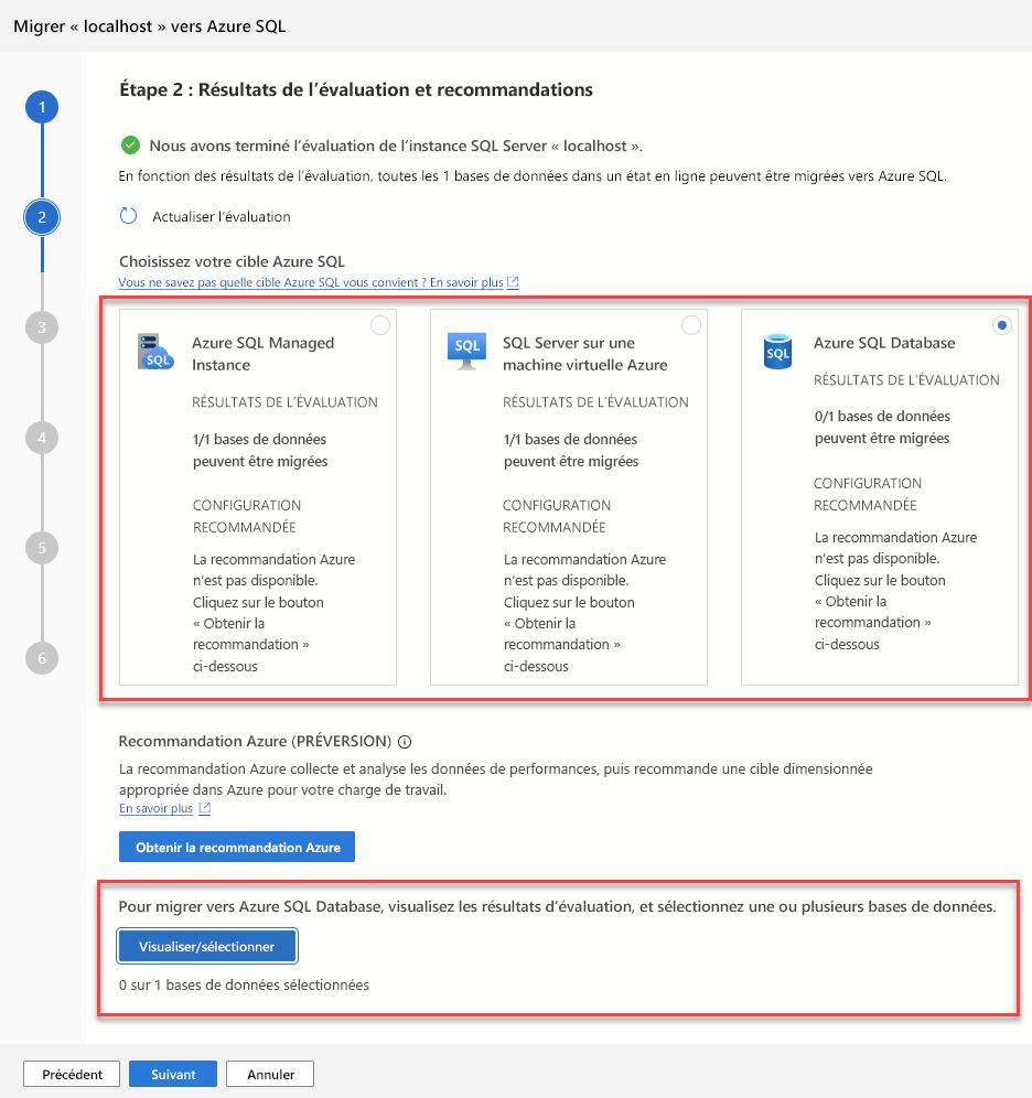 Screenshot of the assessment results page for the migration extension wizard.