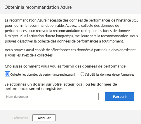 Screenshot of the Azure recommendation sidebar featuring configurations about where the performance data will be saved.