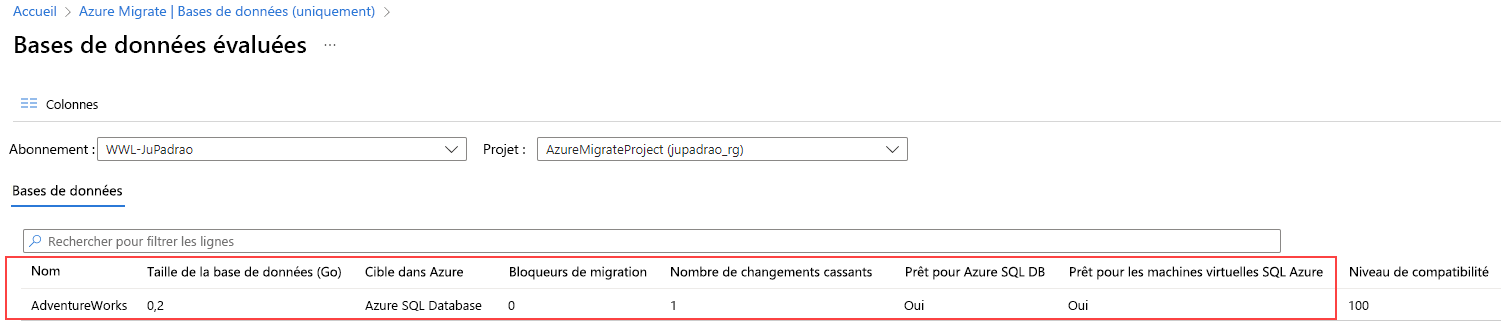 Capture d’écran des résultats de la page des bases de données évaluées après le chargement du rapport d’évaluation.