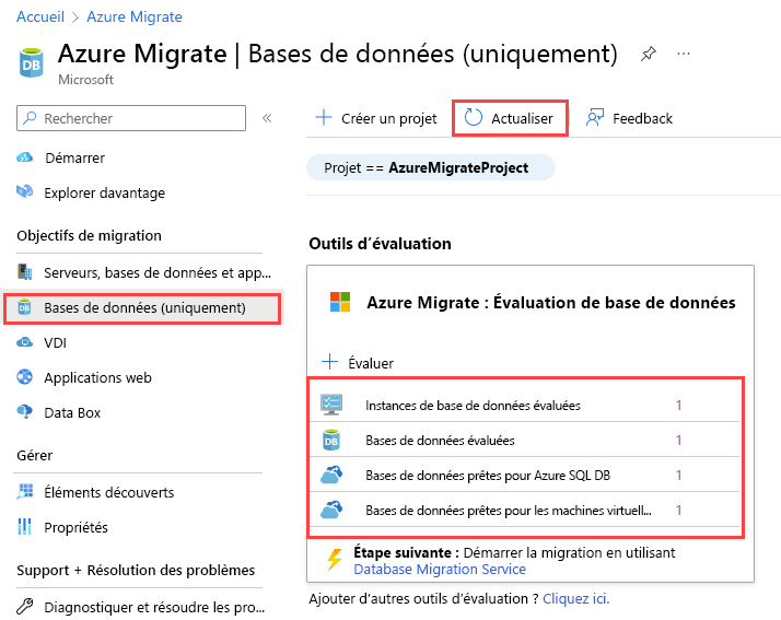 Capture d’écran des résultats de l’outil Azure Migrate : migration de base de données après le chargement du rapport d’évaluation.