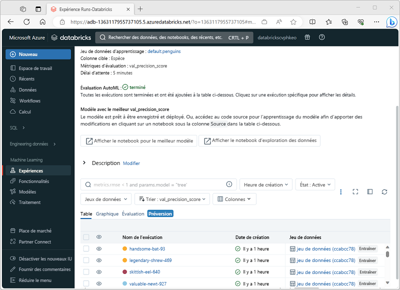 Capture d’écran de l’interface d’expérience AutoML avec exécutions terminées.