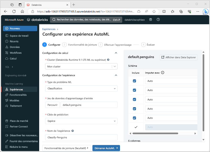 Capture d’écran de l’interface Configurer l’expérience AutoML dans Azure Databricks.