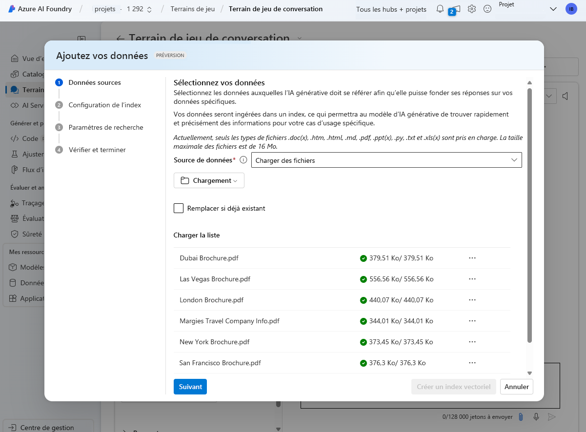 Capture d’écran du dialogue ajout de données dans Azure AI Studio.