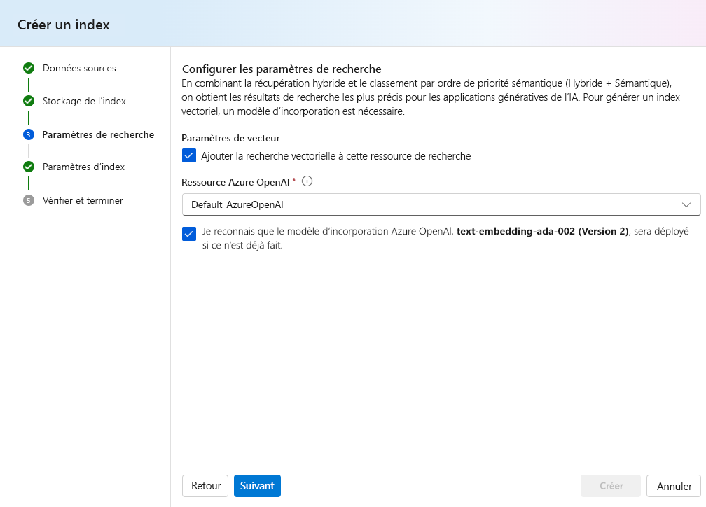 Capture d’écran de la création d’un index dans Azure AI Studio.