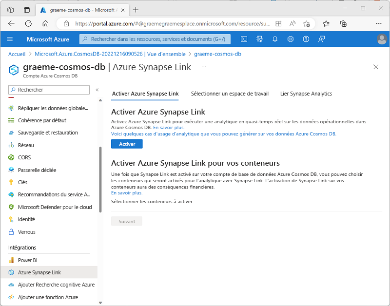 A screenshot showing the option to enable Azure Synapse Link for a Cosmos DB for NoSQL account.