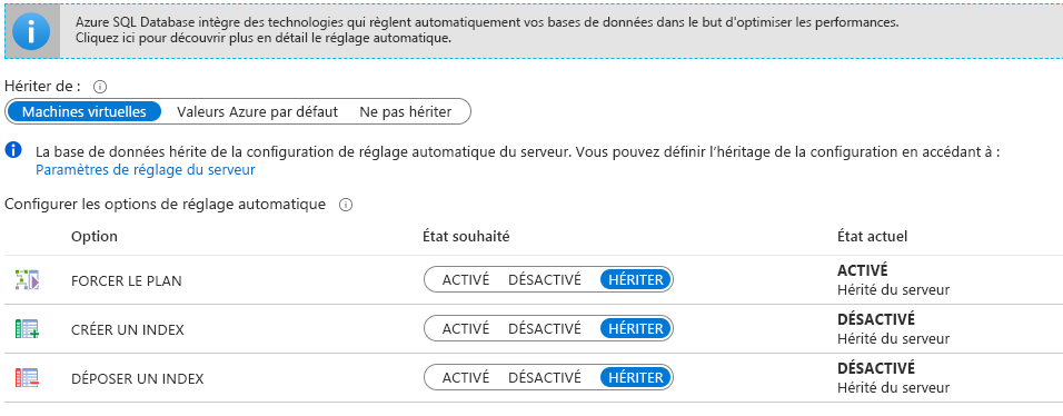 Capture d’écran des options de réglage automatique pour Azure SQL Database.