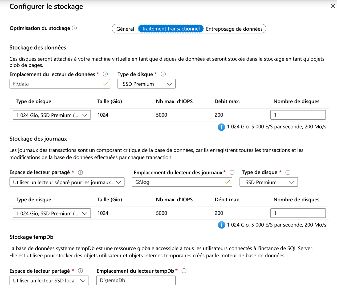 Configuration de disque de VM SQL Server