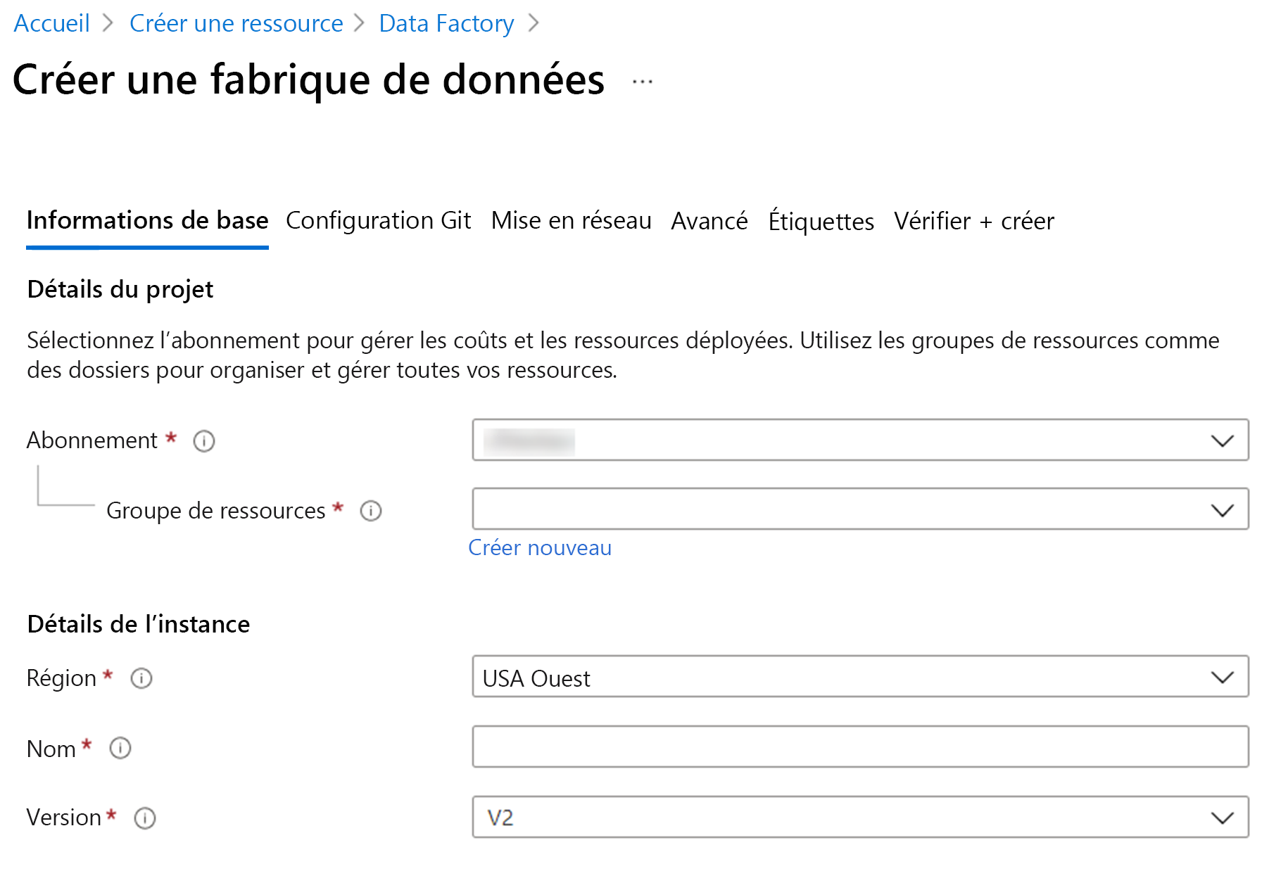 Création d’une instance d’Azure Data Factory