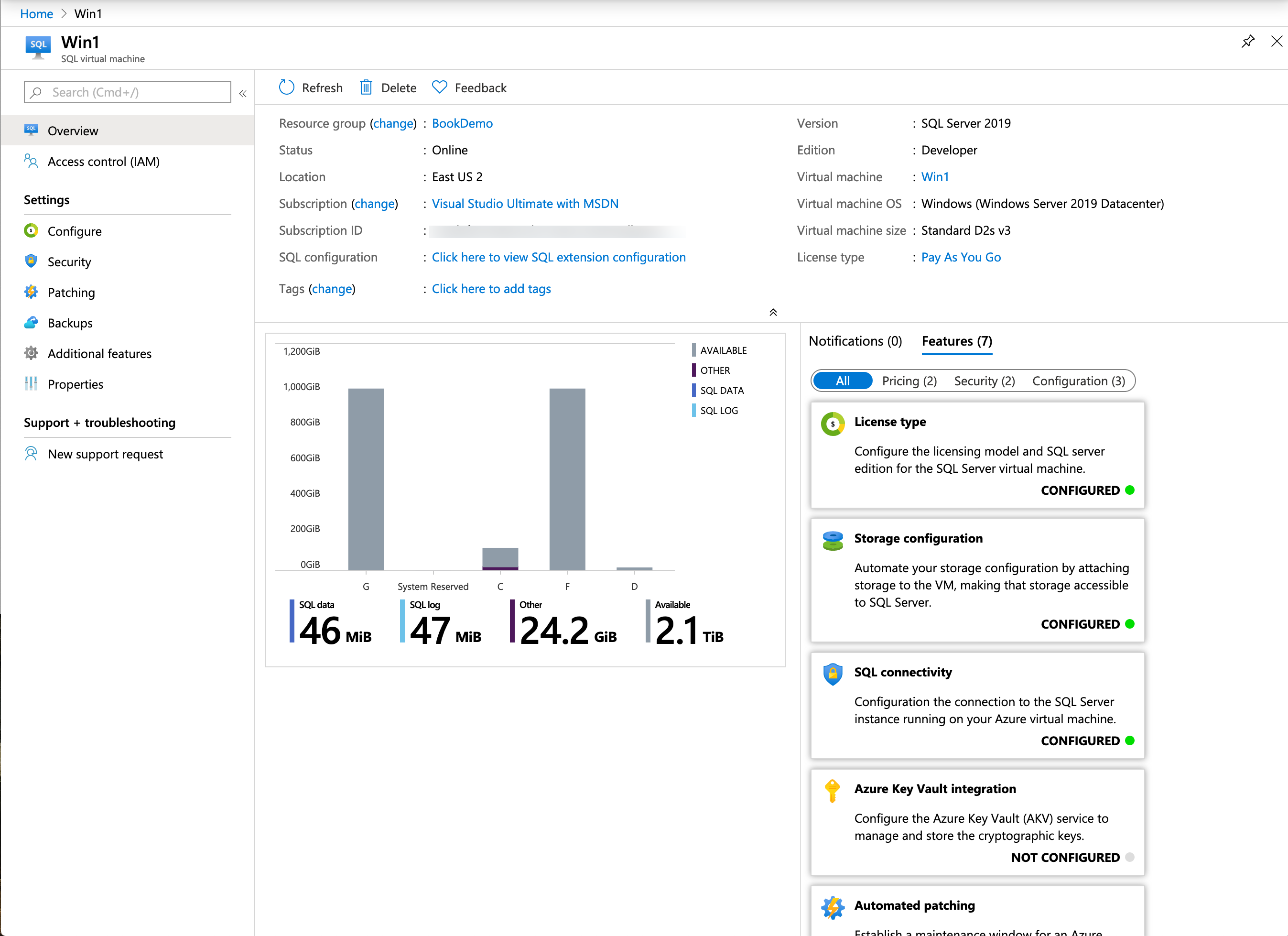 Image de la configuration de la machine virtuelle SQL dans le portail Azure