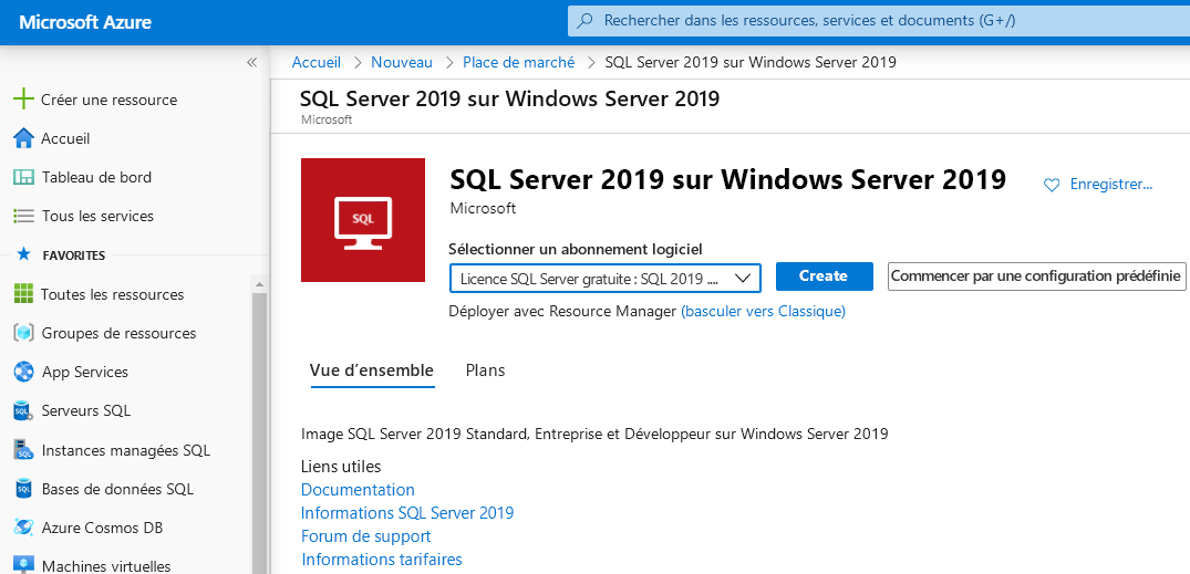 Création d’une machine virtuelle SQL Server dans le portail Azure