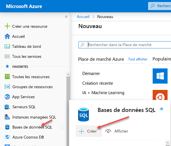 Écran du déploiement d’Azure SQL Database via le portail Azure