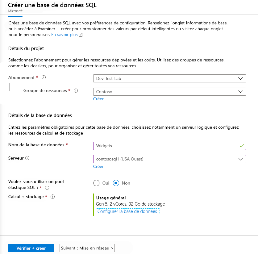 Panneau Créer une base de données SQL du portail Azure