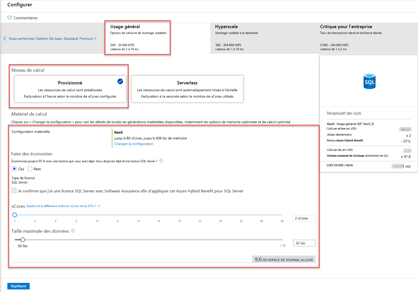 Sélection du niveau de service dans le portail Azure