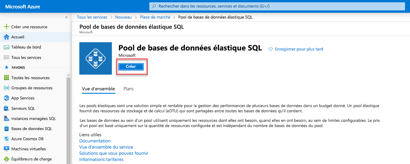 Écran de création de pools élastiques dans le portail Azure