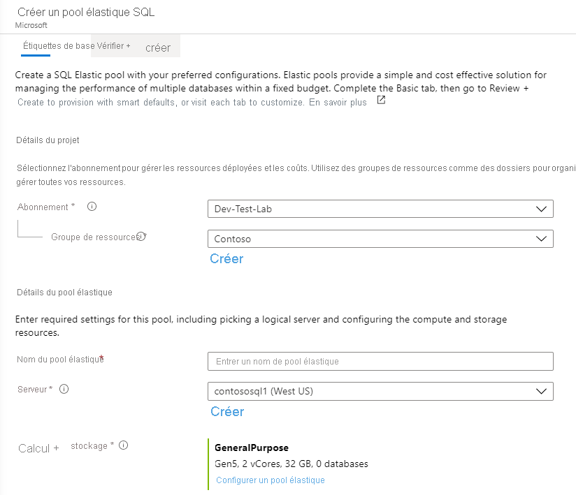 Création de pools élastiques dans le portail Azure