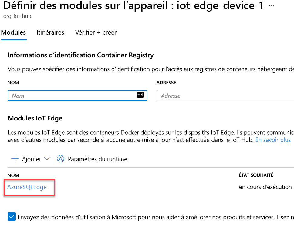 La liste des modules IoT Edge s’affiche avec le module AzureSQLEdge mis en évidence.