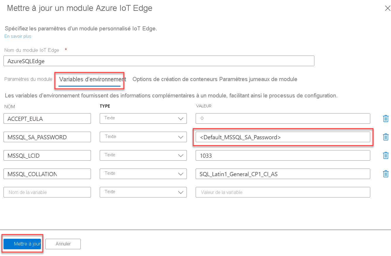 L’onglet Variables d’environnement du module IoT Edge est sélectionné avec la valeur de MSSQL_SA_PASSWORD. Le bouton Mettre à jour est mis en évidence.