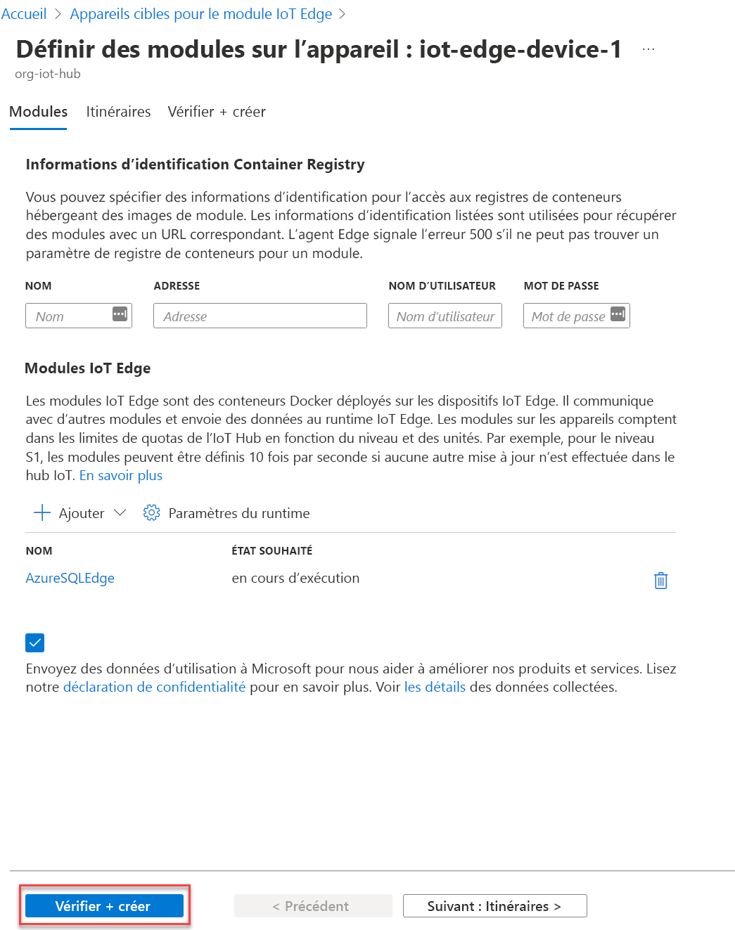 Le panneau Définir des modules sur l’appareil s’affiche avec le bouton Vérifier + créer mis en évidence.