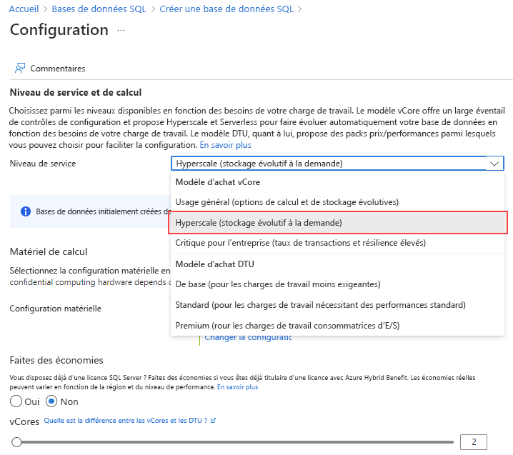 Sélection du niveau de service Hyperscale