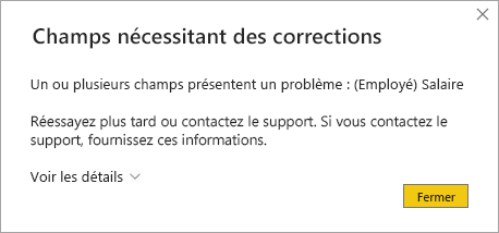 Capture d’écran montrant un message d’erreur Power BI Desktop quand un visuel de rapport tente d’interroger une colonne restreinte.