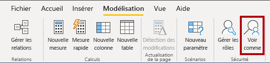 Screenshot shows the Power B I Desktop Modeling ribbon. The “View as” command is highlighted.