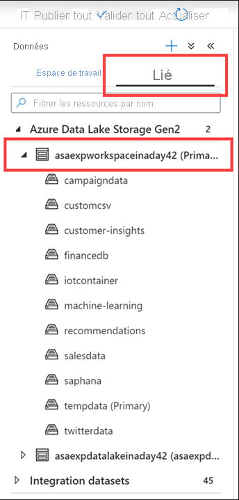 Affichage de l’onglet Lié dans le hub Données d’Azure Synapse Studio