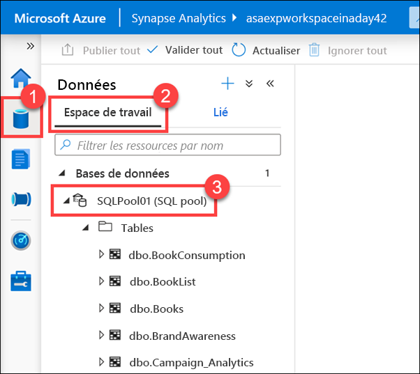 Affichage de l’onglet Espace de travail dans le hub Données d’Azure Synapse Studio