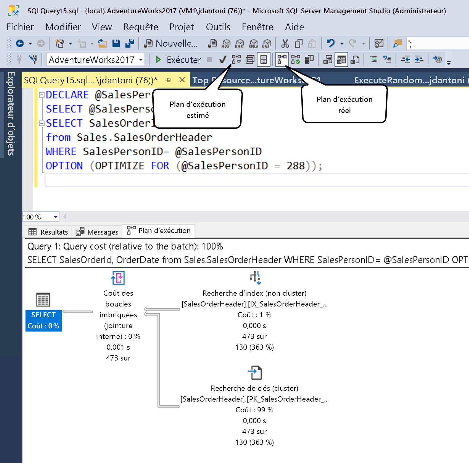 Capture d’écran d’un plan d’exécution estimé généré dans SQL Server Management Studio.