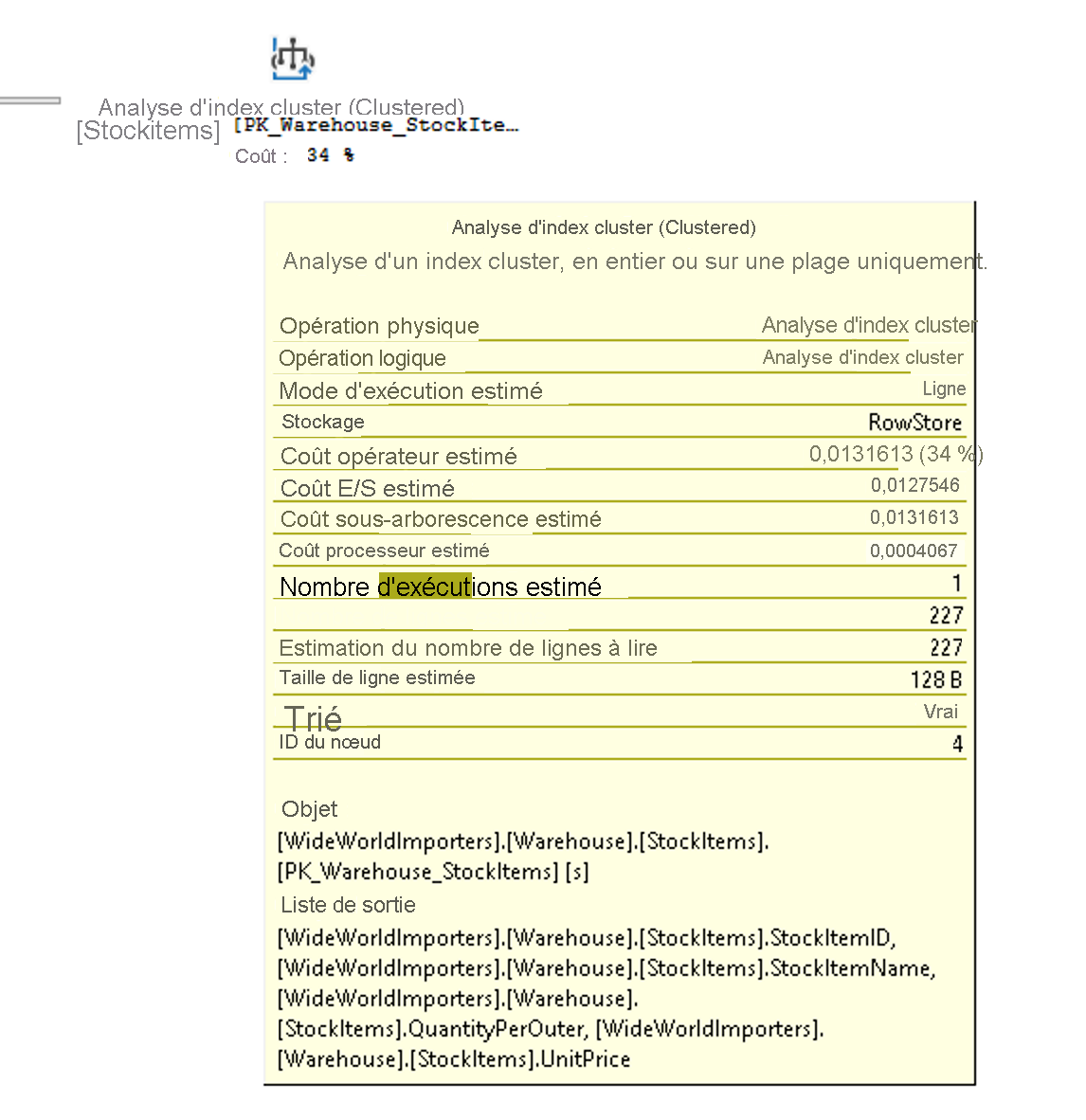 Capture d’écran d’une info-bulle de l’opération d’analyse d’index cluster dans la table StockItems.