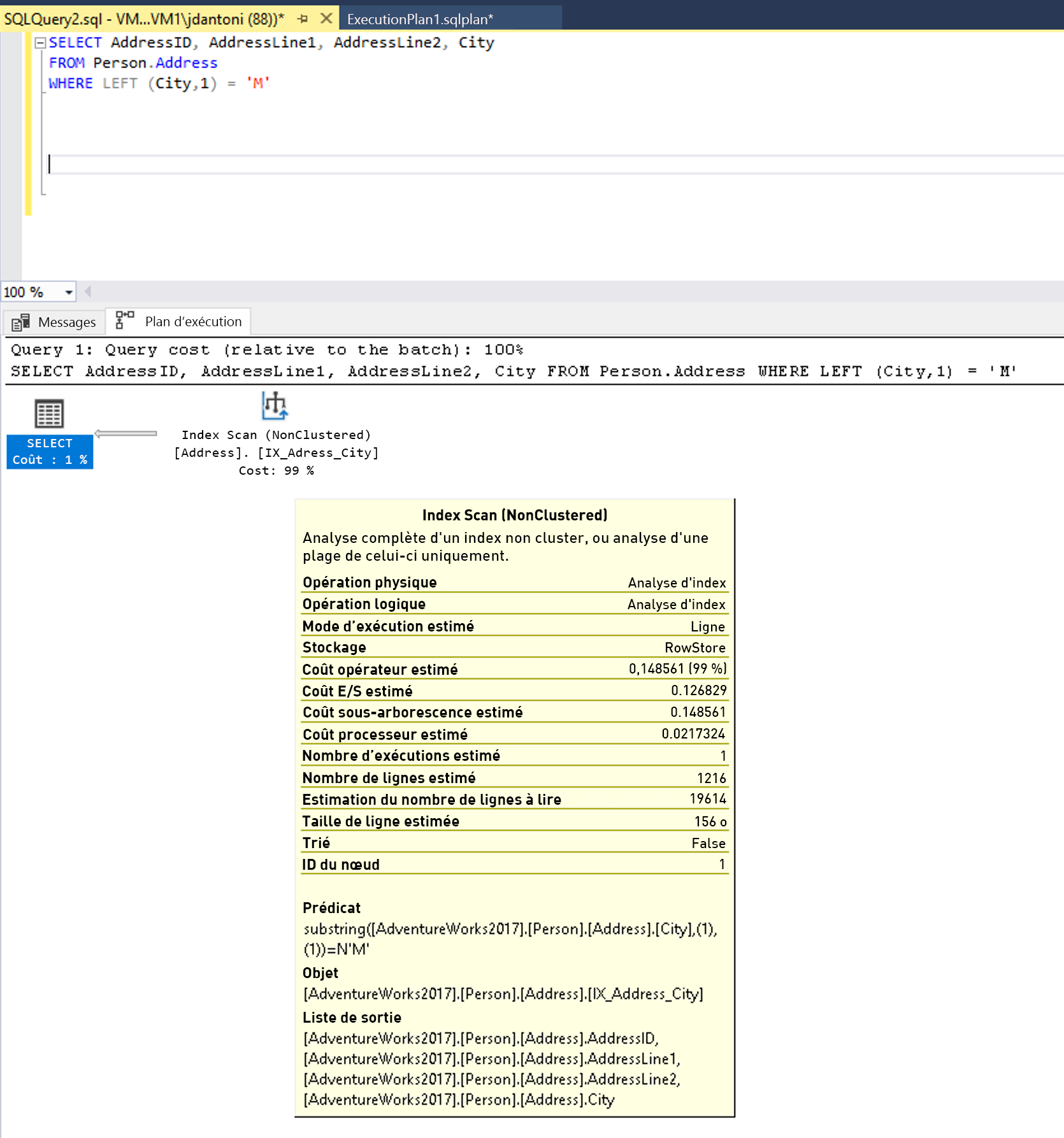 Screenshot of query and execution plan using a non-SARGable function.