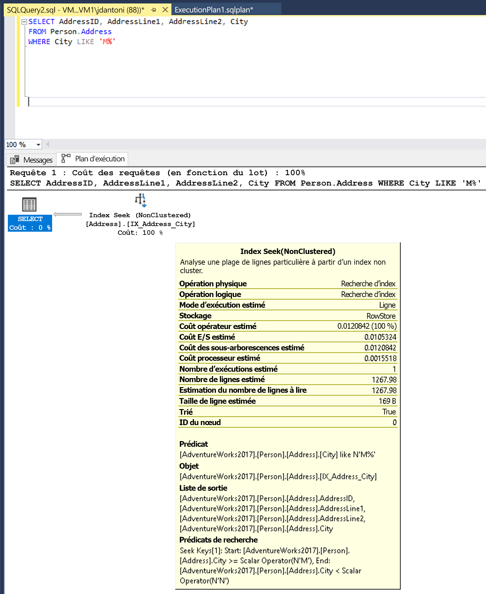 Screenshot of a query and execution plan with a SARGable Predicate.