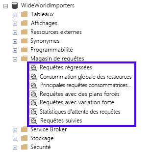 Capture d’écran de l’Explorateur d’objets SSMS avec des affichages du Magasin des requêtes mis en exergue.