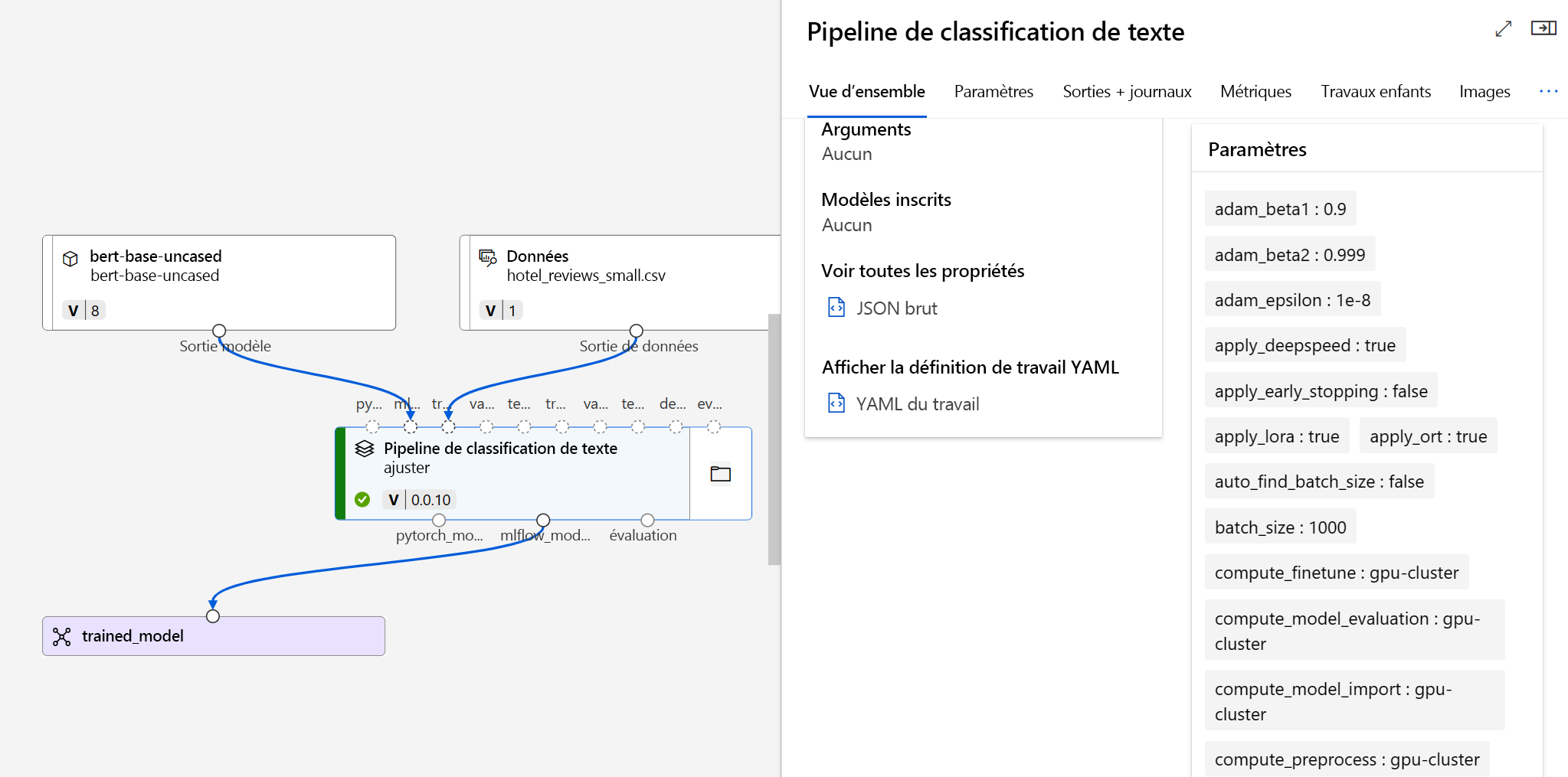 Screenshot of completed pipeline job that fine-tuned a foundation model.