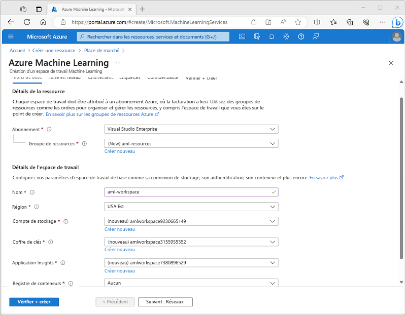 Screenshot of the Create Azure Machine Learning workspace page in the Azure portal.