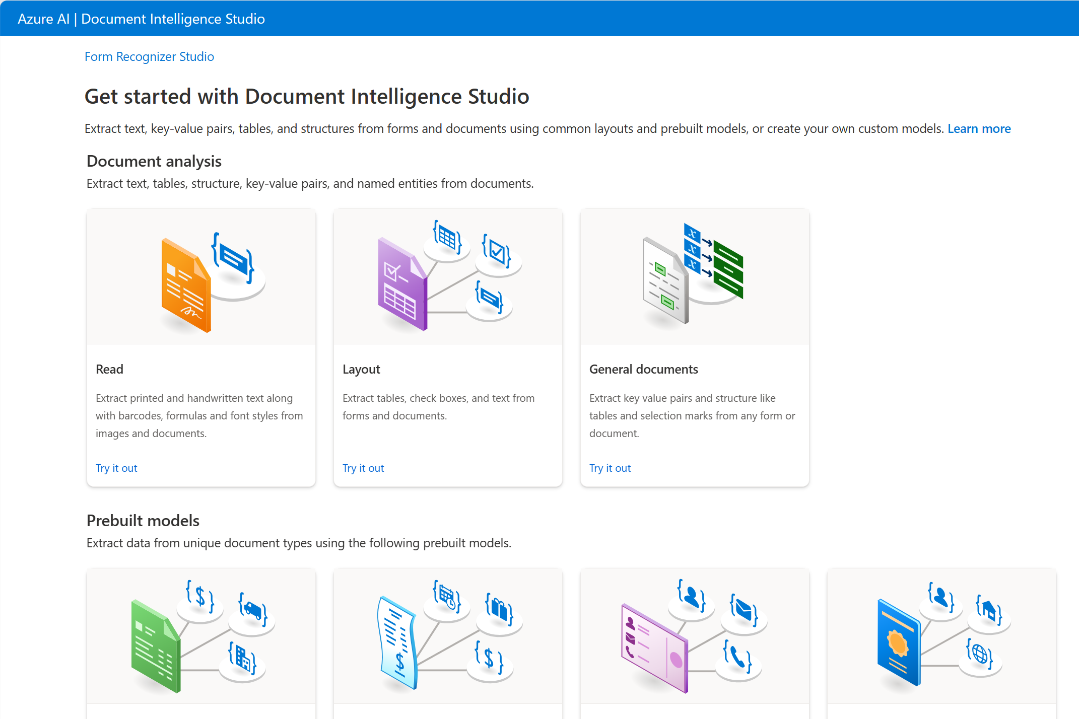 Capture d’écran de Document Intelligence Studio avec les démarrages rapides à l’écran.